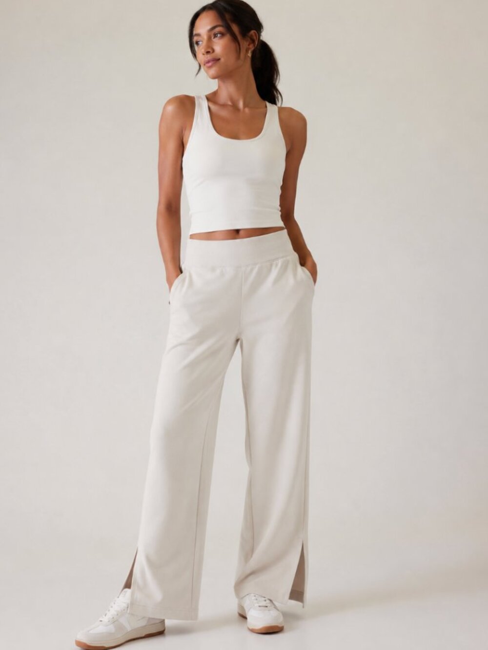 Athleta Cream Wide-Leg Flare Pants with Side Slits